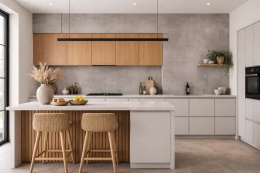 Minimalistyczna kuchnia ze spiekiem Laminam Calce Tortora na ścianach i blatach w ciepłym taupe inspirowanym tynkiem