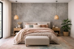 Sypialnia z dekoracyjną ścianą ze spieku Laminam Calce Tortora i miękkimi kolorowymi tekstyliami