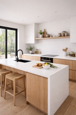 Nowoczesna kuchnia z wyspą i blatami ze spieku Laminam Bianco Assoluto w połączeniu z jasnym drewnem