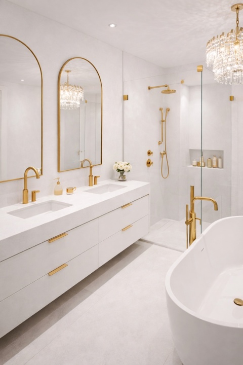 Łazienka glamour z białym spiekiem Laminam Bianco Assoluto oraz złotą armaturą i eleganckim oświetleniem