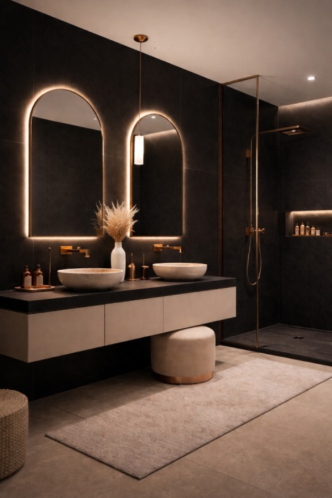 nowoczesna łazienka wykończona spiekiem Laminam Collection Nero z miedzianą armaturą