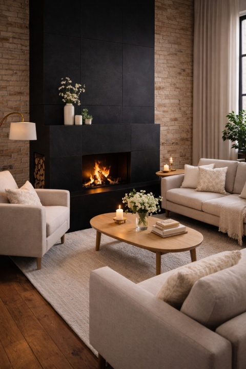 Salon z kominkiem obłożonym czarnym spiekiem Nero Assoluto, jasne meble i naturalne dodatki ocieplają loftowe wnętrze.