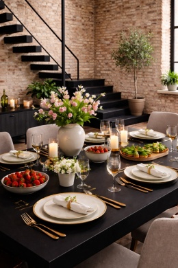 Schody wykonane z czarnego spieku Nero Assoluto na tle jasnej cegły w loftowym wnętrzu