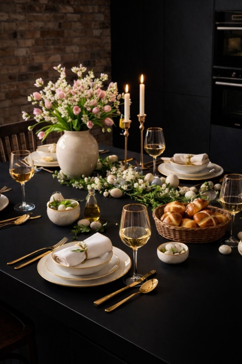 Stół z blatem z czarnego spieku Nero Assoluto z białą i złotą zastawą oraz wiosennymi dekoracjami w industrialnym wnętrzu.