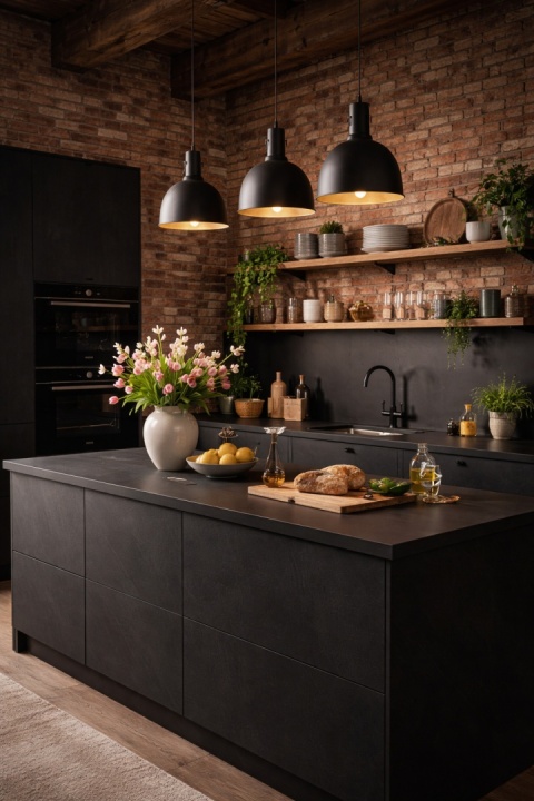 Industrialna kuchnia z blatem z czarnego spieku Nero Assoluto, ceglana ściana i wiosenne dodatki w jasnych kolorach.