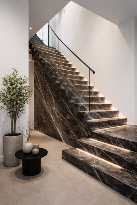 Schody ze spieku Calacatta Black z białym użyleniem na tle jasnych ścian, nowoczesne wnętrze o eleganckim kontraście kolorów.