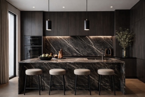 Nowoczesna kuchnia z wyspą i blatem ze spieku Calacatta Black z białym użyleniem, ciemna zabudowa i minimalistyczne oświetlenie.