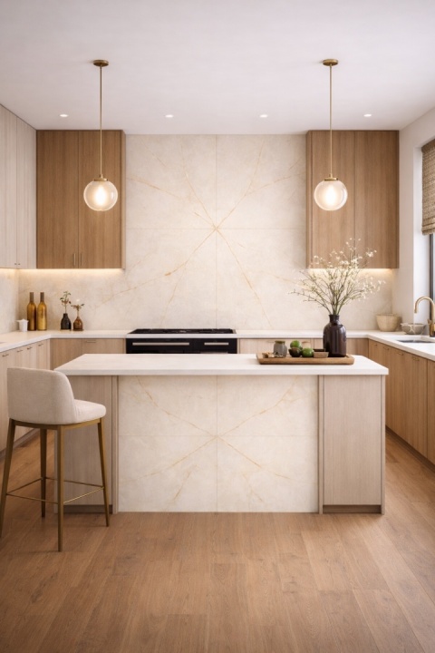 Kuchnia z efektem bookmatch ze spieku Laminam Diamond Cristallo Gold, jasne drewniane meble i delikatne złote żyłki na beżu