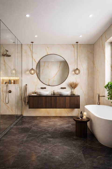 łazienka bez bookmatch ze spieku Laminam Diamond Cristallo Gold, drewniane meble,