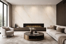Nowoczesny salon z dekoracyjną ścianą pokrytą spiekiem Cristallo Gold Rain z subtelnym złotym użyleniem i kominkiem liniowym.