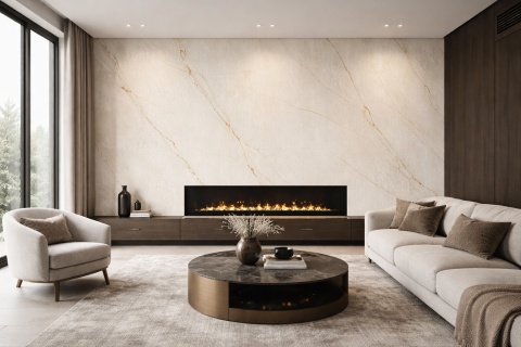 Nowoczesny salon z dekoracyjną ścianą pokrytą spiekiem Cristallo Gold Rain z subtelnym złotym użyleniem i kominkiem liniowym.