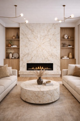 Salon z kominkiem i ścianą z bookmatch ze spieku Laminam Diamond Macchia Vecchia, drewniane półki i jasne meble
