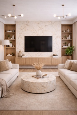 Salon z ścianką RTV ze spieku Laminam Diamond Macchia Vecchia, drewniana zabudowa i jasne nowoczesne meble