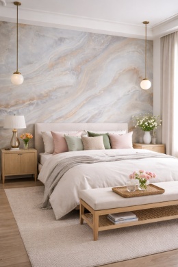 Sypialnia z dekoracyjną ścianą z Laminam Diamond Onice Grigio, jasne wnętrze z wiosennymi dodatkami i naturalnymi tkaninami