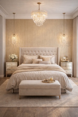 Sypialnia glamour z dekoracyjną ścianą ze spieku Laminam Filo Oro, kryształowy żyrandol i eleganckie złote dodatki