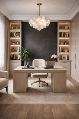 Gabinet z dekoracyjną ścianą ze spieku Laminam Filo Pece, jasne meble, drewniana podłoga i nowoczesne wnętrze biurowe