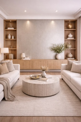 Salon z dekoracyjną ścianą ze spieku Laminam Filo Argento, jasne wnętrze z drewnianymi meblami i nowoczesnym wystrojem