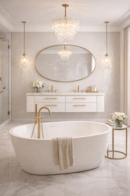 Łazienka w stylu glamour ze ścianą ze spieku Laminam Filo Brina, złota armatura, wanna wolnostojąca i eleganckie oświetlenie