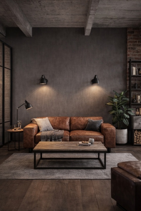 Salon loftowy z dekoracyjną ścianą ze spieku Laminam Filo Ghisa, cegła, betonowy sufit i skórzana sofa w stylu industrialnym