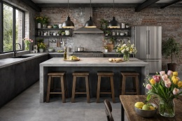 Kuchnia z wielkoformatową podłogą  i blatami Cementum Nickel o minimalistycznym, betonowym wykończeniu