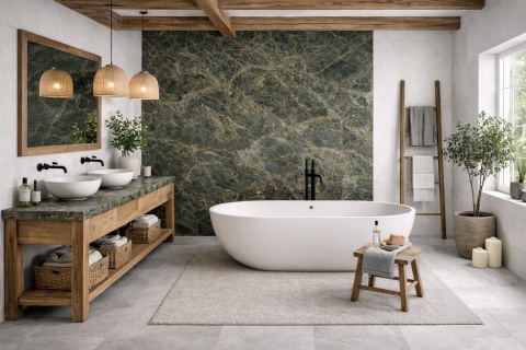 Elegancka łazienka z dekoracyjną ścianą Marazzi Verde Borgogna oraz jasnym spiekiem w tonacji chłodnej bieli.