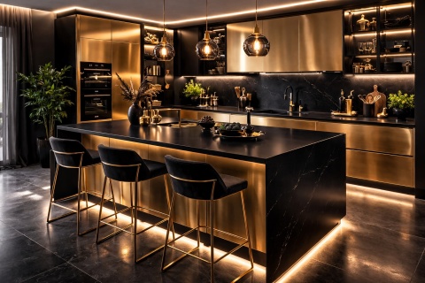 Kuchnia z czarnymi blatami Marazzi Solid Color Look Black Satin, złotymi frontami i klimatycznym oświetleniem