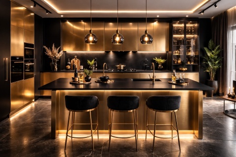 Kuchnia z czarnymi blatami Marazzi Solid Color Look Black Satin, złotymi frontami i klimatycznym oświetleniem