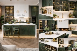 Kolaż kuchnia  blaty  i ściana wykonana z  Marazzi Grande Solid Color Look White Satin  – jednolita biała płyta