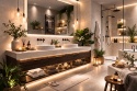 Nastrojowa łazienka z Marazzi Stone Look Berici Beige, roślinami, świecami i czarną armaturą w stylu spa