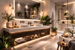 Nastrojowa łazienka z Marazzi Stone Look Berici Beige, roślinami, świecami i czarną armaturą w stylu spa