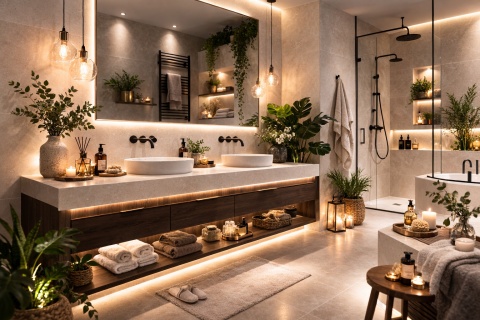 Nastrojowa łazienka z Marazzi Stone Look Berici Beige, roślinami, świecami i czarną armaturą w stylu spa