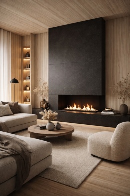 Przytulny salon z kominkiem obłożonym spiekiem Marazzi Stone Look Granito Black oraz ścianami z jasnego, bielonego drewna