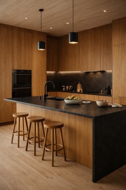 kuchnia z czarnym blatem na wyspie ze spieku Marazzi Granito Black oraz szafkami z miodowego drewna w ciepłym, eleganckim stylu