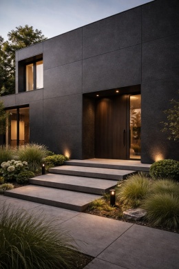 elewacja domu wykonana z czarnych płyt Marazzi Stone Look Granito Black o subtelnej, kamiennej strukturze