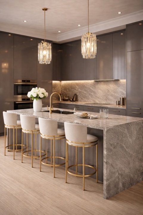 Luksusowa kuchnia glamour z wyspą i blatami ze spieku Marazzi Gris Du Gent w chłodnym szarym odcieniu oraz złotymi detalami.
