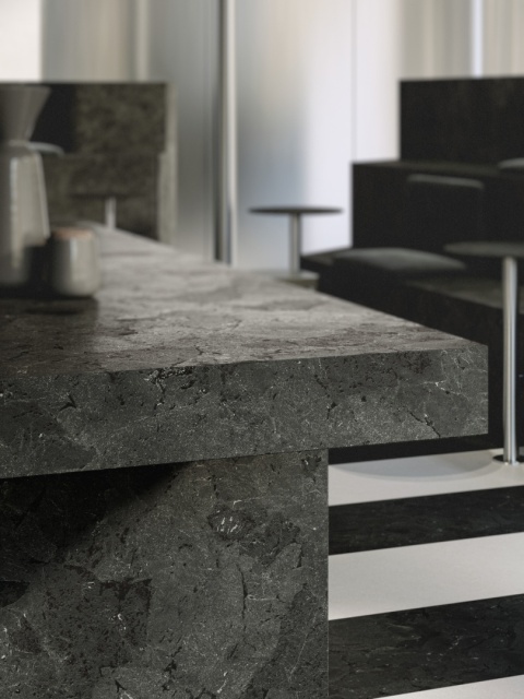 Blat barowy z Marazzi Infinity Anthracite, głęboka grafitowa tonacja i naturalna struktura kamienia