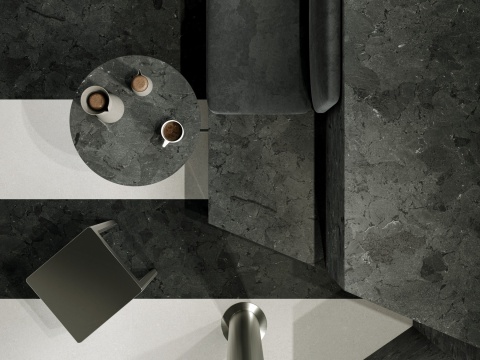 Bar z okładziną Marazzi Infinity Anthracite, antracytowy gres o surowym, industrialnym charakterze