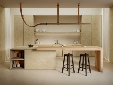 Nowoczesna kuchnia z okładziną Marazzi Jura Beige w ciepłym beżowym odcieniu kamienia