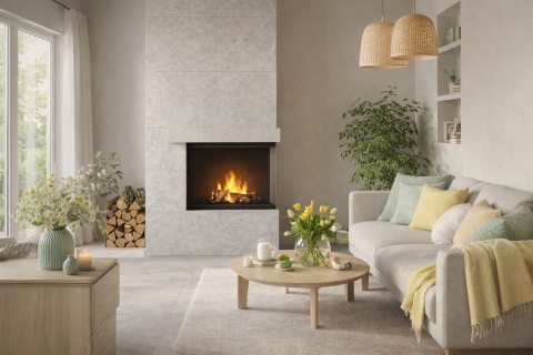Przytulny salon z kominkiem wykończonym spiekiem Marazzi Jura Grey 160x320 cm i wiosennymi dodatkami