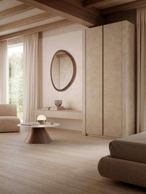 Salon z zabudową ścienną i szafą wykończoną spiekiem Tivoli Beige w ciepłej, beżowej tonacji