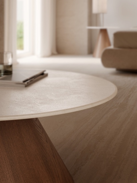 Detal stolika z blatem Tivoli Beige – subtelna, piaskowa struktura inspirowana naturalnym kamieniem