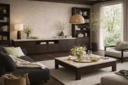 Salon z blatami z Tivoli Bianco, ciemne meble i podłoga w kontrastowym zestawieniu z jasnym spiekiem i wiosennymi dodatkami