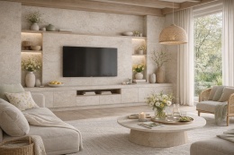 Salon z ścianką RTV wykończoną spiekiem Tivoli Bianco, jasne wnętrze z wiosennymi kwiatami i naturalnym drewnem