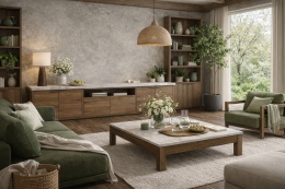 Salon z kamienną ścianą Tivoli Grigio, zieloną sofą i drewnianymi meblami w naturalnym świetle