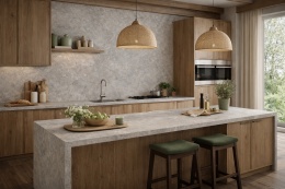 Nowoczesna kuchnia z blatami Tivoli Grigio, drewnianą zabudową i jasnym, naturalnym oświetleniem