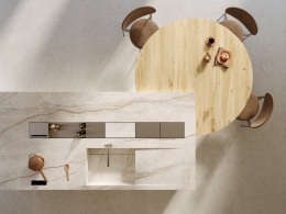 Nowoczesna kuchnia z wyspą i stołem w wykończeniu Wood Look Oak