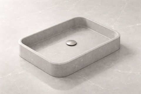 Silestone Integrity Marie L Desert Silver – umywalka z subtelnym jasnoszarym użyleniem i korkiem stalowym