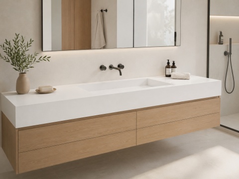 Nowoczesna łazienka z blatem Avant Quartz 1001L Blanche w wykończeniu strukturalnym i drewnianą szafką