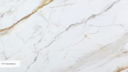 Avant Quartz 5751 Calacatta Besson poler 20 mm z białą bazą i złoto-szarym użyleniem