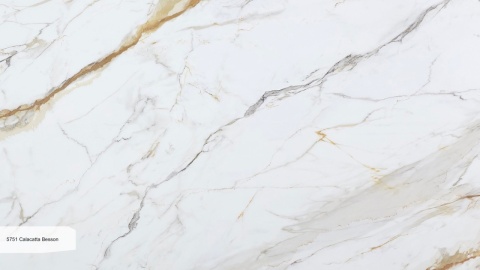 Avant Quartz 5751 Calacatta Besson poler 20 mm z białą bazą i złoto-szarym użyleniem